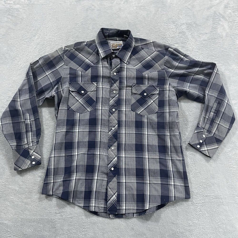 Vtg Authentic Western Pearl Snap Button Shirt Women 17 34/35 Blue Plaid